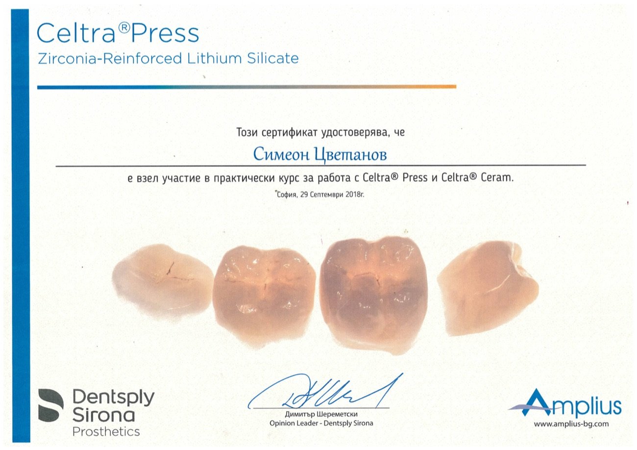 Dentsply Sirona certificate — Celtra Press and Celtra Ceram