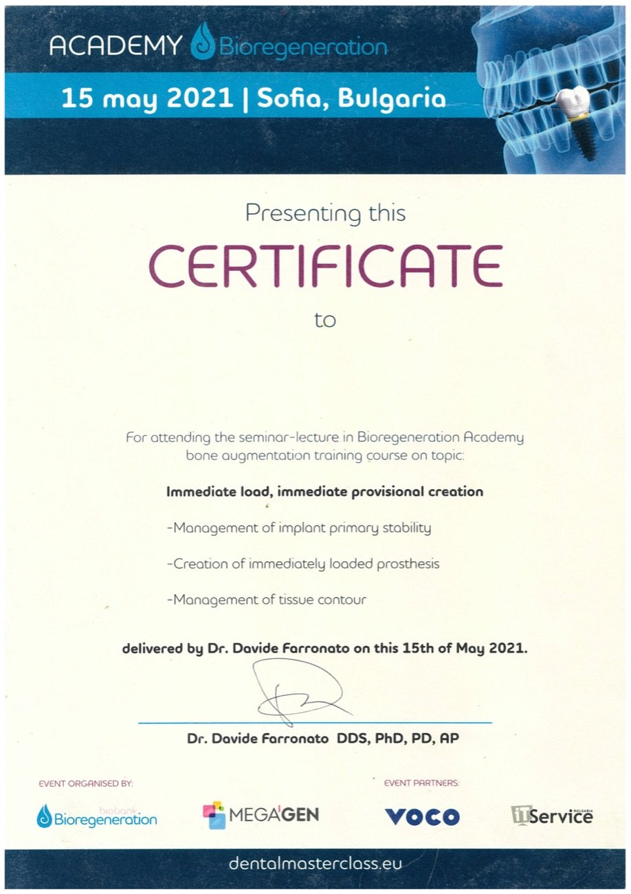 Bioregeneration Academy certificate — Immediate load and immediate provisional creation